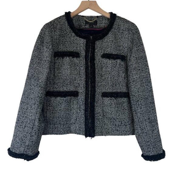 J. Crew Black White Glen Plaid Braided Trim Tweed Jacket Blazer - Picture 2 of 6